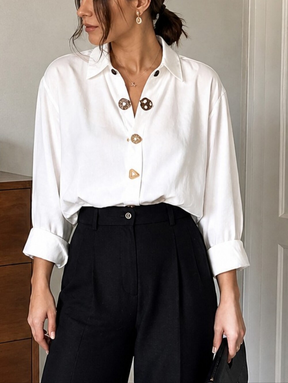 Vintage Forenza White Blouse Statement Buttons Relaxed Fit Medium